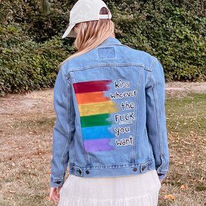 Kiss Whoever the F*ck You Want LBGTQIA Rights Vintage Painted Denim Jacket Levis